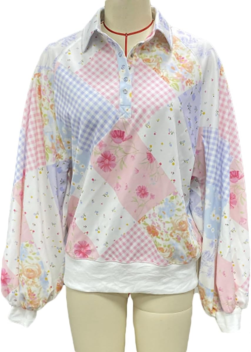SOLILOQUY Women's Y2K Floral Patchwork Sweatshirt Oversized Half Button Collared Loose Vintage Boho Pullover Top Streetwear