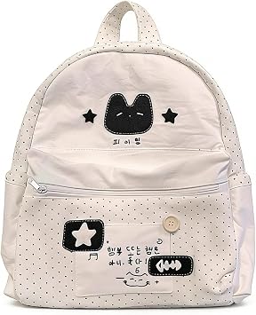 Polka Dot Backpack Cutecore Cute Cat Daypack Kawaii Sweet Nylon Shoulder Bag with Zipper for WomenWhite