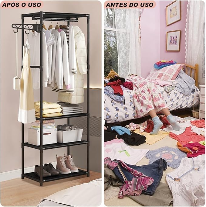Image of Single Pole Coat Hanger /Cloth Stand /Garment Stand with Bottom Shelves - Metal Garment Rack for Organized Storage 8 Hook (Multi) (Black-.)