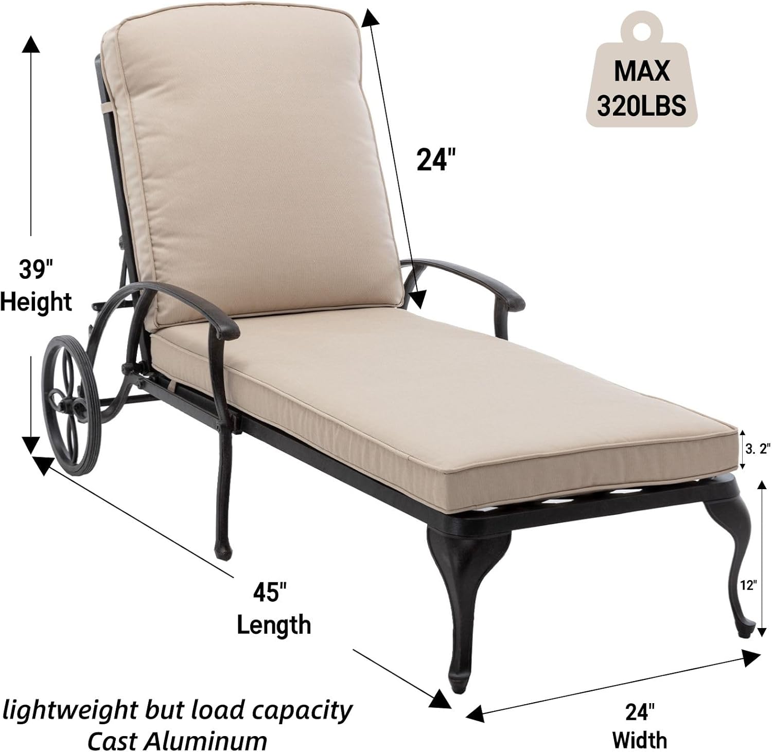 Chaise Lounge Patio Chair with Wheels, Adjustable Reclining Rust-Resistant Aluminum Cast Poolside Chaise Lounge Furniture Set of 2, Waterproof Beige Cushion