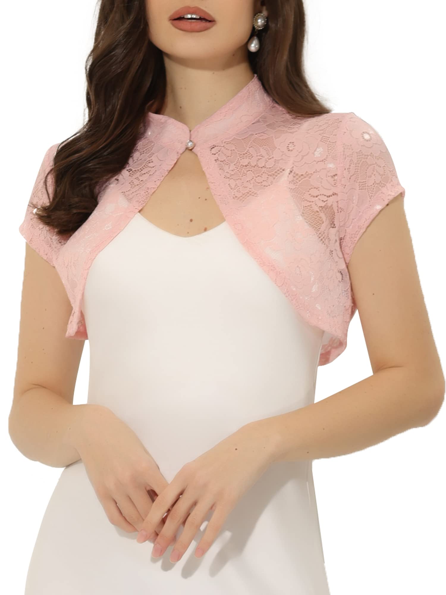 Allegra K Cardigan court en dentelle pour femme avec col montant et col montant ouvert sur le devant