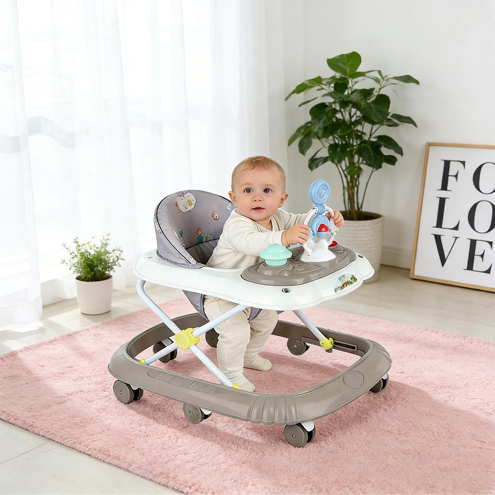 Andador de bebé, 6 meses juguetes y actividades, trotador con música y luces, asiento giratorio de 360 grados, 3 ajustable, asiento acolchado y lavable a máquina (67 * 72 * 92 cm - Caqui (B))
