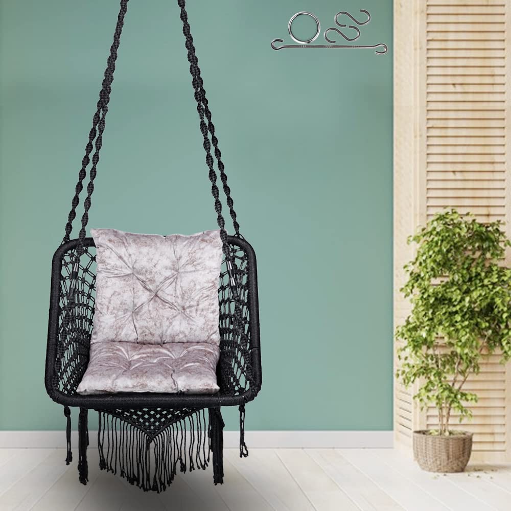 patiofy premium square swing jhula for adults/swing for adults & kids/hammock swing chair for balcony, jhula for home,garden/unjal oonjal with free silver l cushion & hanging kit/120kg capacity(black)