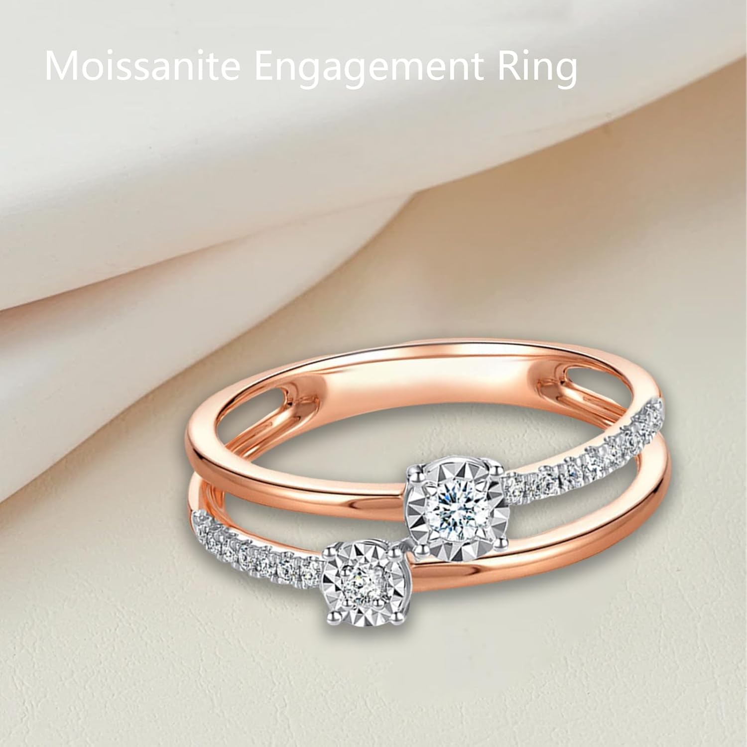 DIYA 2 CT Rose Gold Moissanite Engagement Ring for women S925 Sterling Silver Moissanite Round Wedding Ring Guard Double Rings Vintage Ladies Dainty Anniversary Promise Jewelry Gift for Women Size 6-9