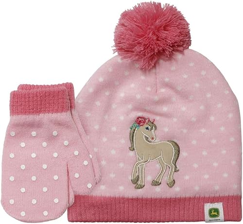 John Deere Conjunto de gorro y manoplas con diseño de lunares, diseño de lunares, color rosa y blanco, tamaño pequeño, Blanco