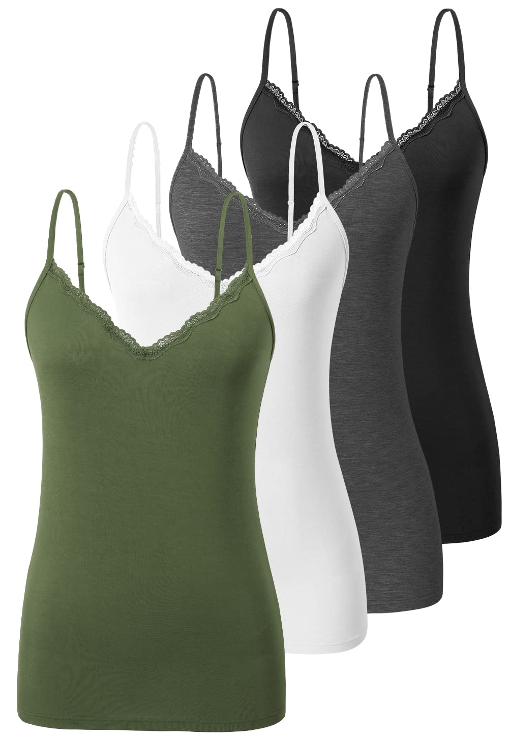 Ymmchy Damen Tanktop mit Spitzen Unterhemd Spaghettiträger Basic Top V-Ausschnitt Verstellbare Trägertop 4er Pack