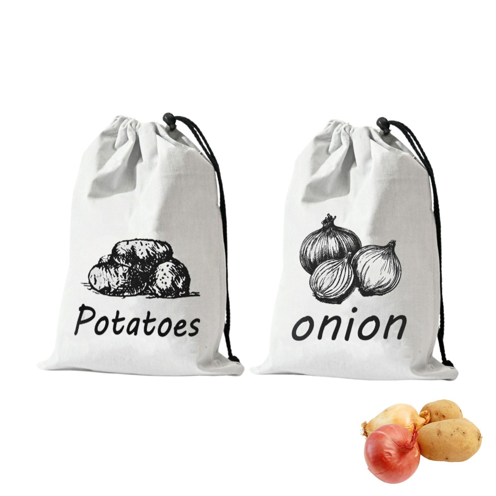 REZSOVEE 2 Pcs Canvas Potato and Onion Storage Bag Set, Reusable Drawstring Bags, Breathable and Light-blocking Design, Suitable for Potatoes, Onions and Other Fruit and Vegetables
