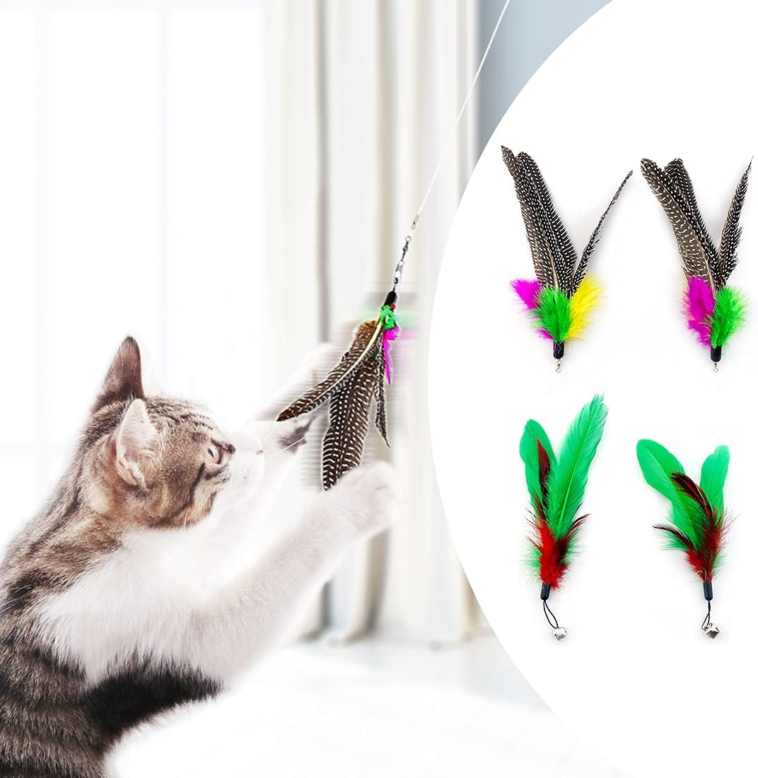 Sunkizzrs® Cat Wand Interactive Feather Toy Wild Refill on Retractable Stick Fun Catcher Teaser Suitable Exercise Your Kitten to Make Pet Happy (Only 4 Feather)