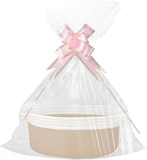 Panier cadeau vide - Panier de rangement tressé avec sacs cadeaux et rubans - Panier de présentation vide pour anniversaire, mariage, fête prénatale, Thanksgiving, Noël (kaki et blanc)