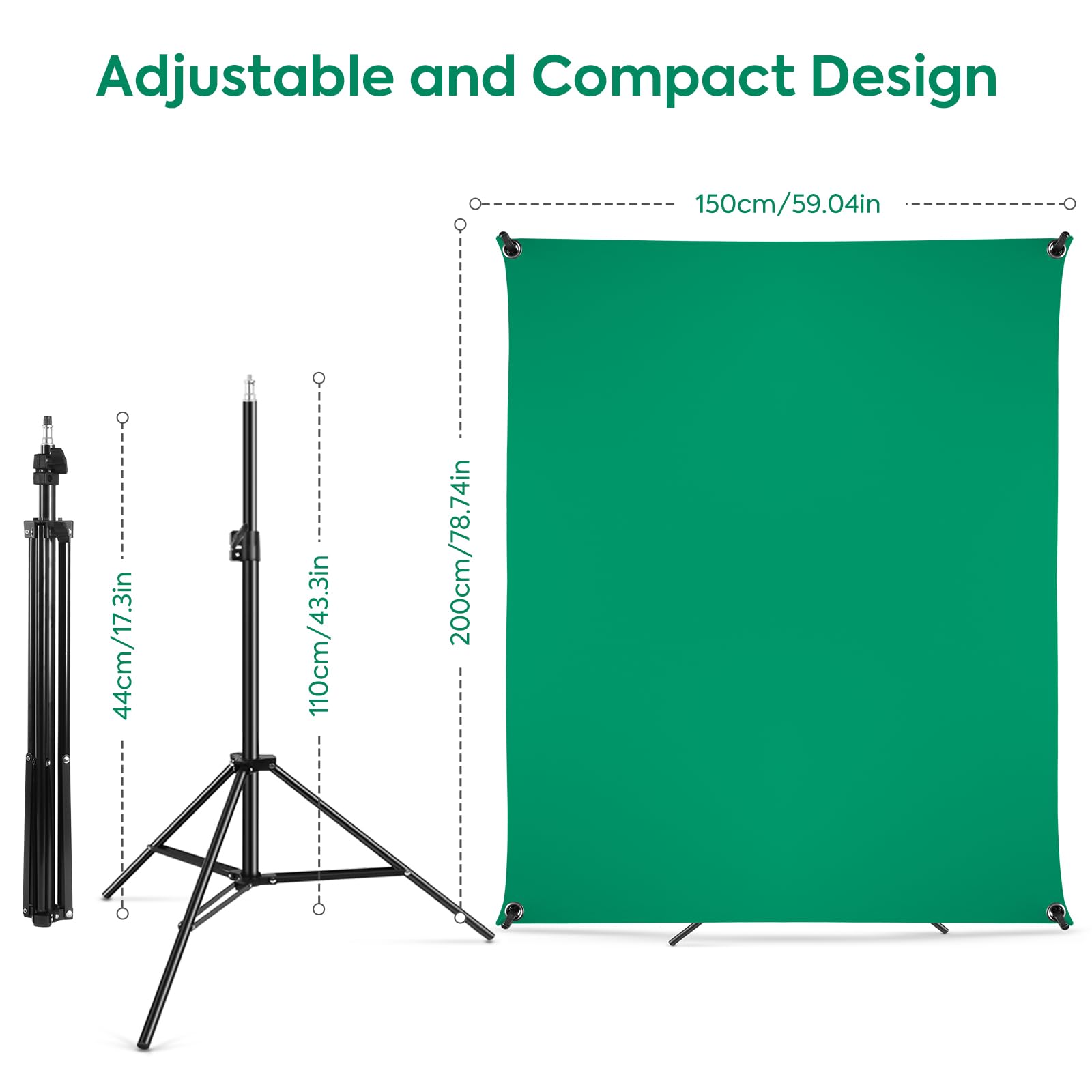 Schermo verde con supporto 1,5 x 2 m, schermo verde con sfondo regolabile Supporto per fotografia, streaming, gaming, Chroma Key, Foto Studio Video, Ritratto Headshot Fotografia