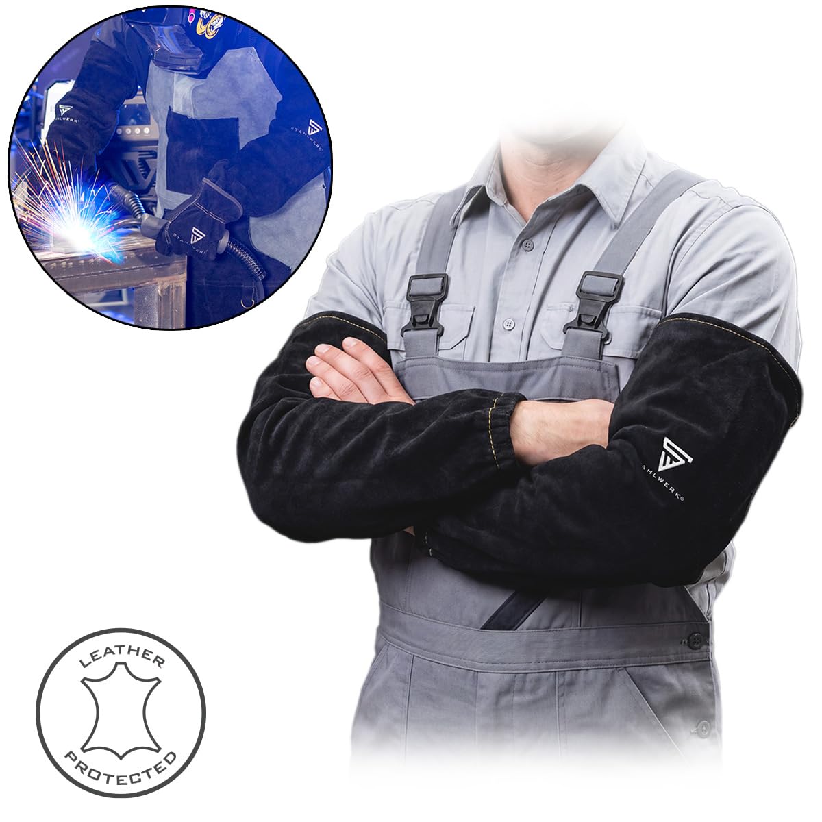 STAHLWERK Manches pour soudeurs | Manchettes pour soudeurs | Manchettes de protection pour soudeurs | Vêtements de protection pour soudeurs avec ceinture élastique en cuir croûte de haute qualité