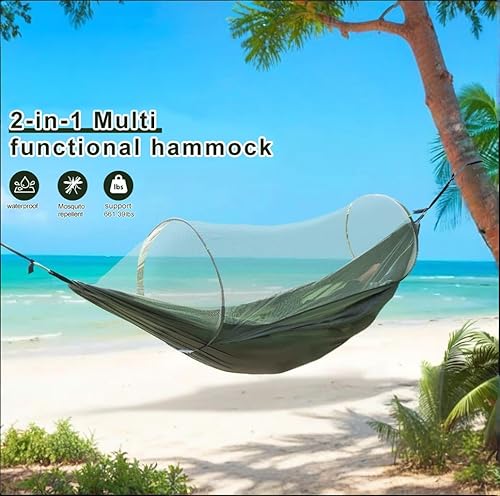 Miniatura 2 de Hamaca impermeable doble para acampar con mosquitera, hamaca ligera para viajes al aire libre mochileros y parques (1, redonda)