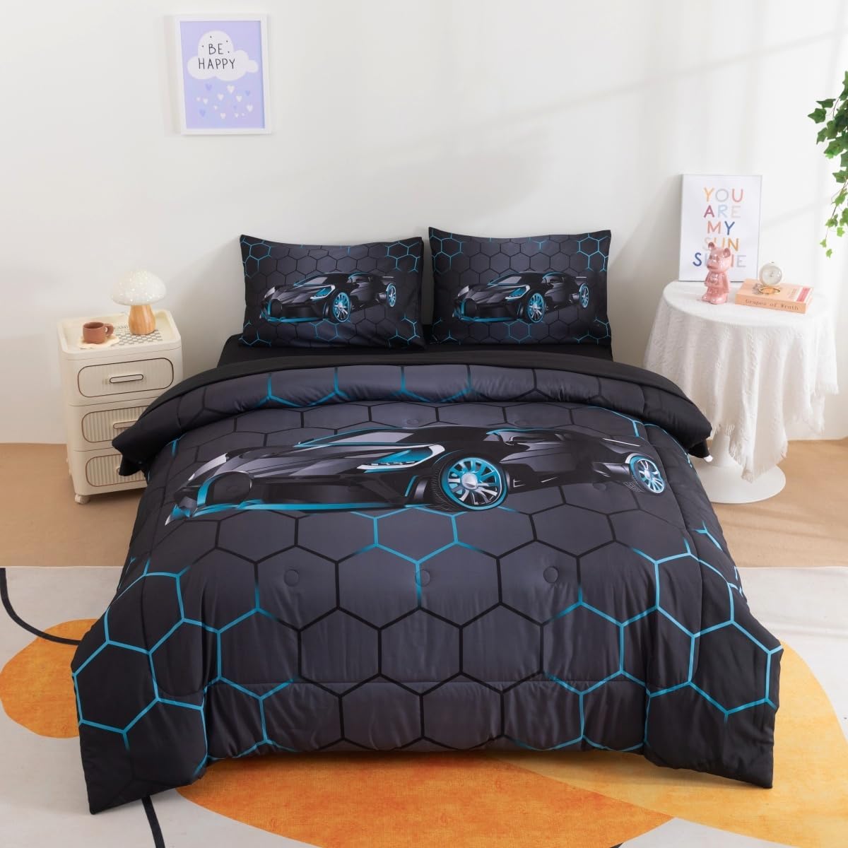 Podol 5 Pieces Race Car Comforter Set Full Size Blue Sports Car Bedding Sets for Boy 3D Geometric Bed in a Bag with 1 Comforter, 2 Pillowcases, 1 Flat Sheet and 1 Fitted Sheet