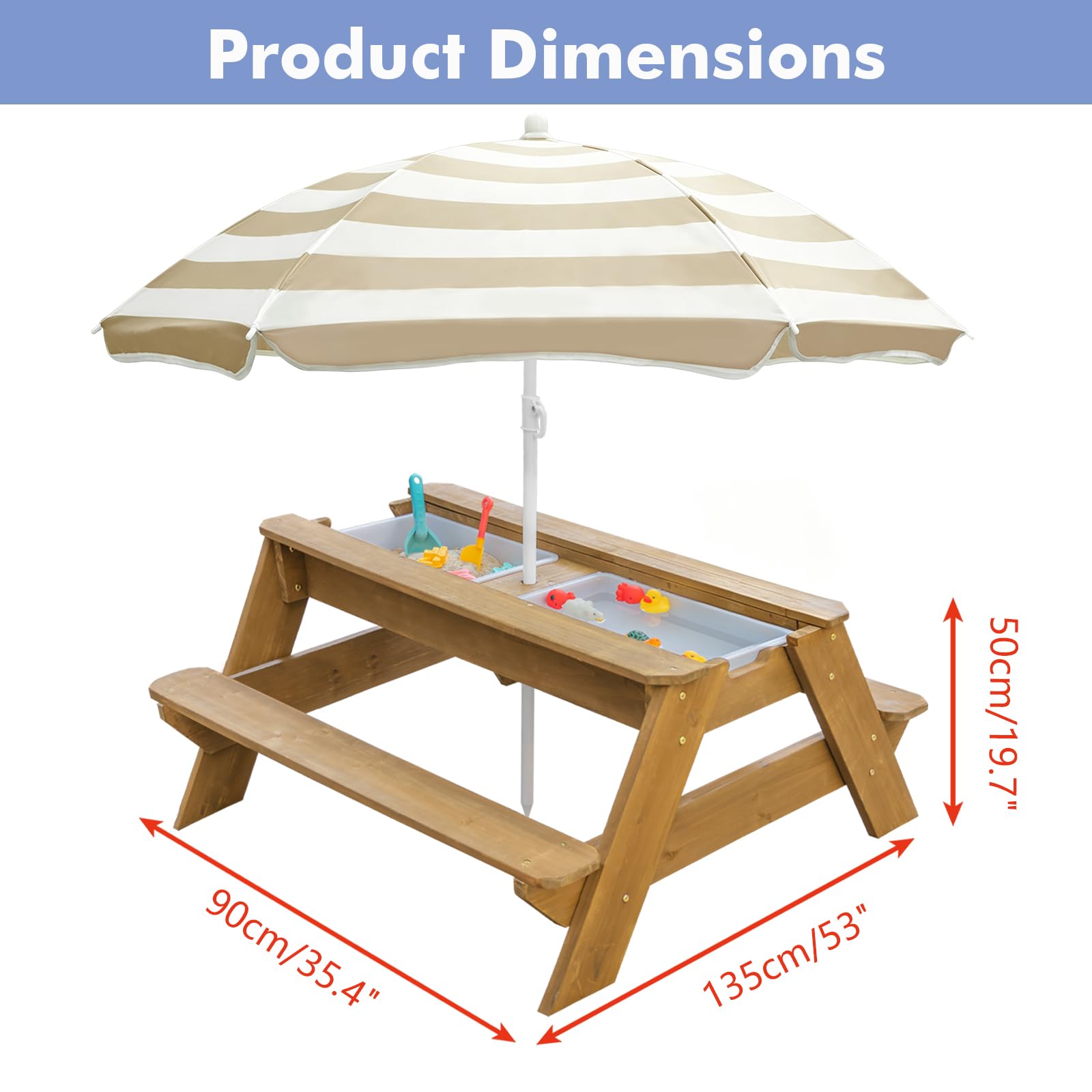 Table d'activités pour enfants, table de pique-nique convertible en bois, table de salle à manger, parapluie pliable réglable, pique-nique pour l'extérieur (naturel/marron)