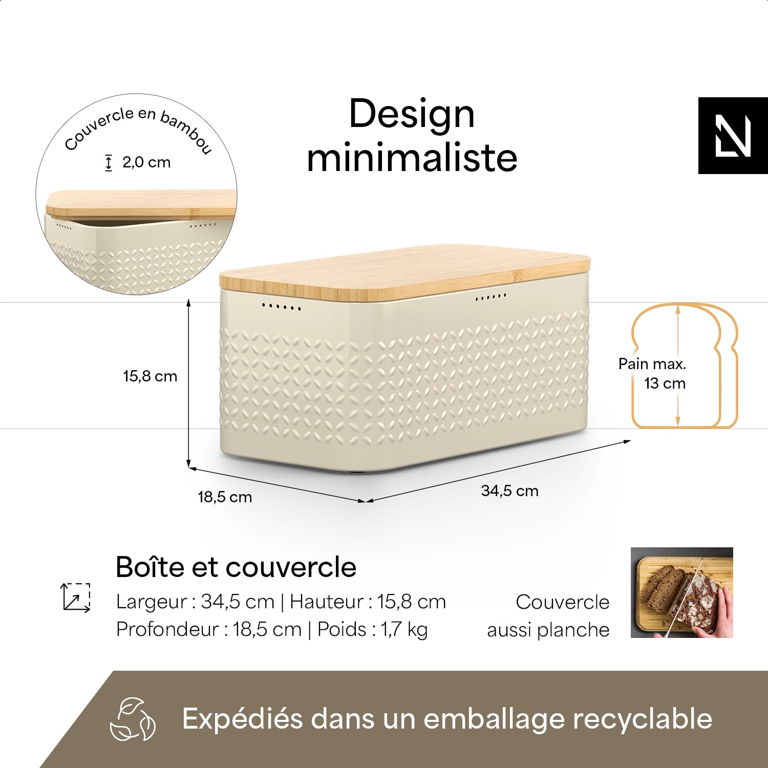 LARS NYSØM Boîte à Pain I Boite a Pain pour Une fraîcheur Durable avec patins antidérapants I Couvercle en Bambou utilisable comme Planche à découper | 34,5x18,5x15,8cm (Almond Beige)