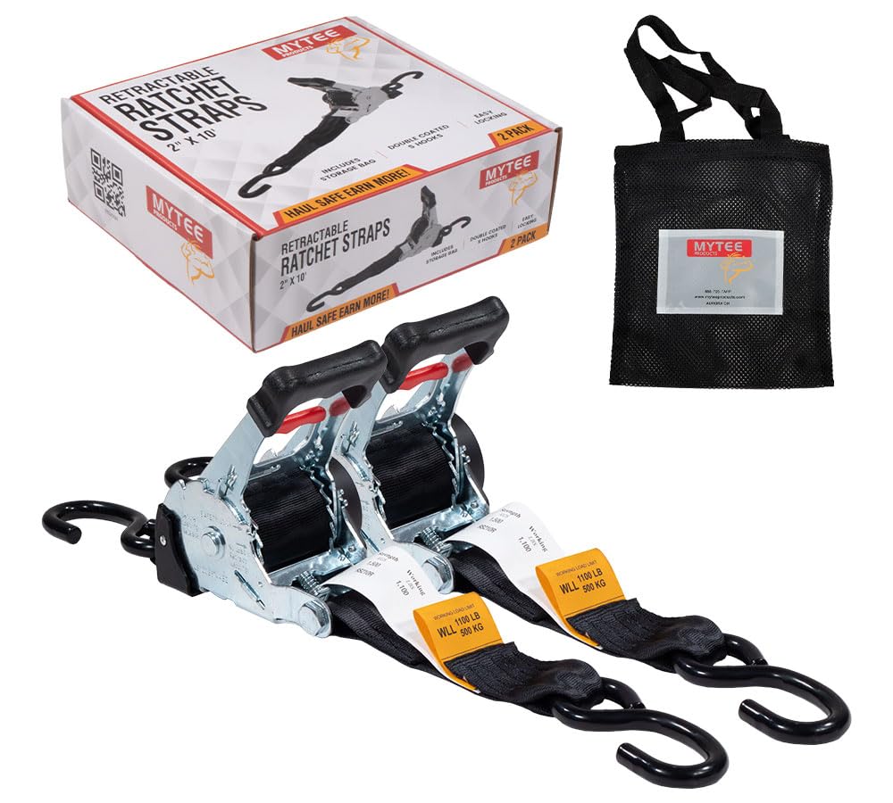 Mytee Products (2 Pack) 2" x 10' Auto Retract Ratchet Straps | Quick n Easy Retractable Ratchet Straps with Coated S Hook Tiedowns for Motorcycles, ATVs, Bikes: Tight & Secure Pickup Trailer Tie-Down