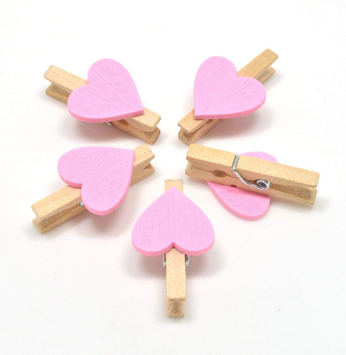 polybagstores PACK OF 100 - LIGHT PINK Coloured Hearts On NATURAL 30mm Wooden Pegs - Mini Clip Metal Spring - Wedding Decor - 25 Colours To Choose From