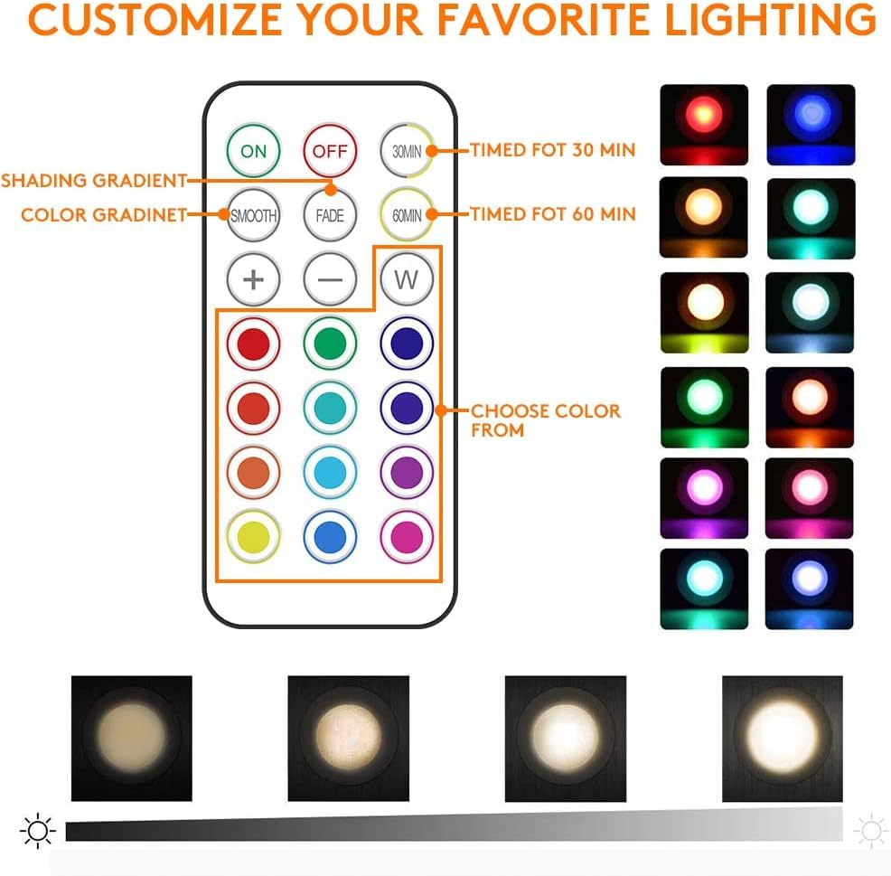Image of 13-Color LED Puck Lights with Remote Control | Wireless Battery-Powered Stick-On Under Cabinet Lighting | Dimmable Color Changing Lights with Timer for Kitchen, Closet & Home Decor