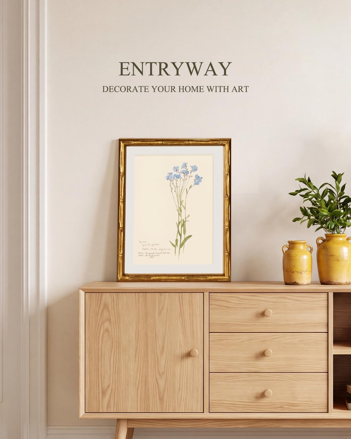 VIYYIEA Gold Framed Bamboo Wall Art, Vintage Blue Stem Botanical Canvas Painting, Antique Picture Frame with Mat, Retro Wall Decor for Living Room Bathroom Bedroom, 14L x 11W