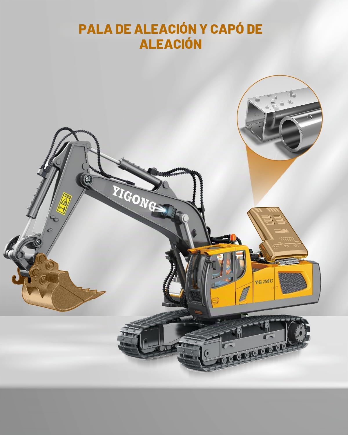 Juguete de excavadora teledirigida para niños - Excavadora RC con pala de metal, rotación de 680°, luz y efectos de sonido, regalo de cumpleaños de Navidad niño 6 7 8 9 10 11 12 años