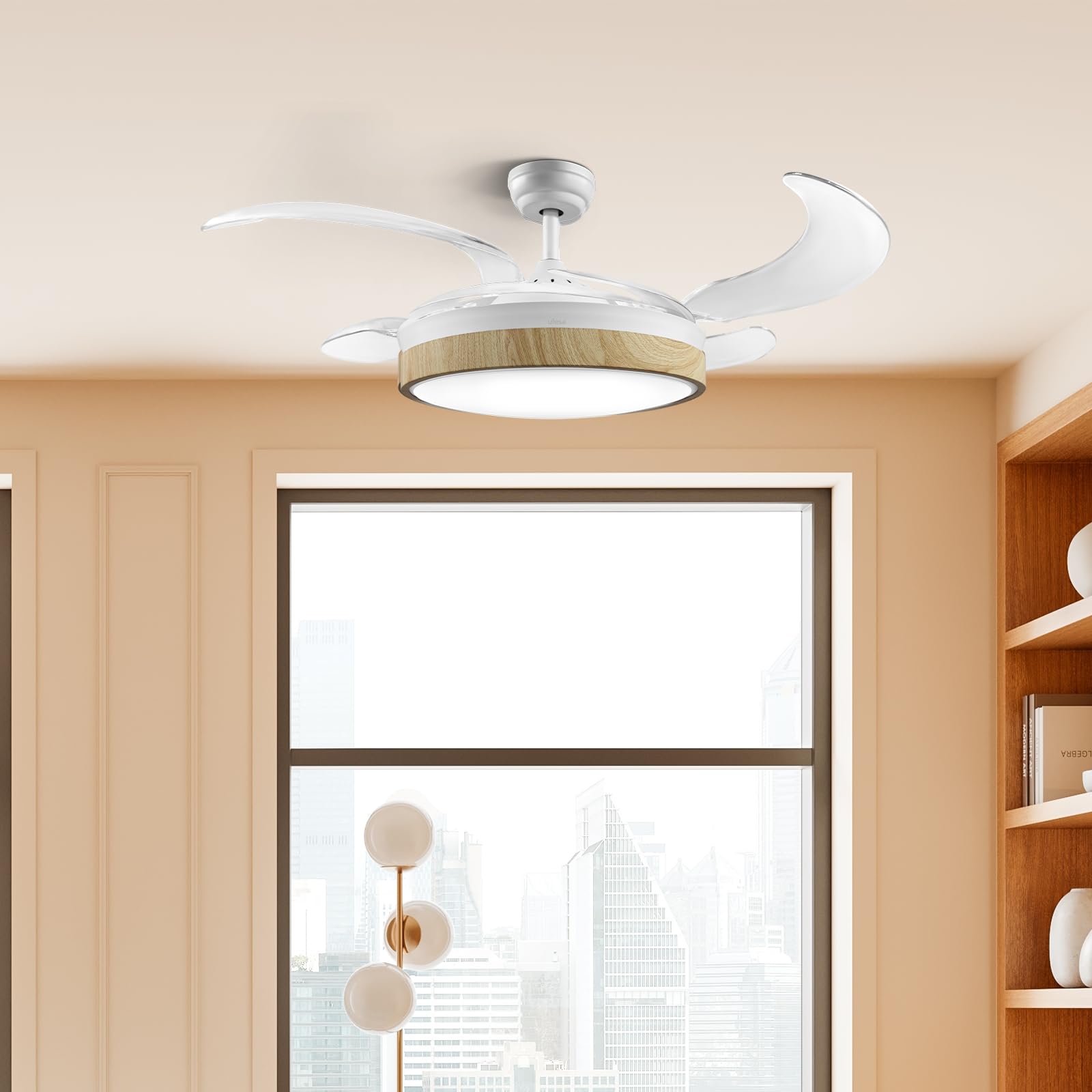 Ufesa Ventilador de Techo Seoul, Motor DC 40W, Silencioso y Eficiente, 106cm, Luz LED Integrada 48cm, 4 Aspas Retráctiles, 3 Tonos de Luz, 6 Velocidades, Temporizador, Mando a Distancia, Blanco/Madera