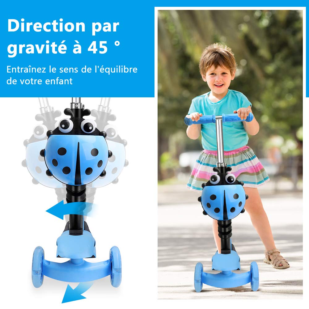 YOLEO Trottinette avec Siège 5 en 1, 3 Roues Plateau Antidérapant LED, Patinette réglable en Hauteur Classiques, Idéal Cadeau pour Enfants 2 a 6 Ans