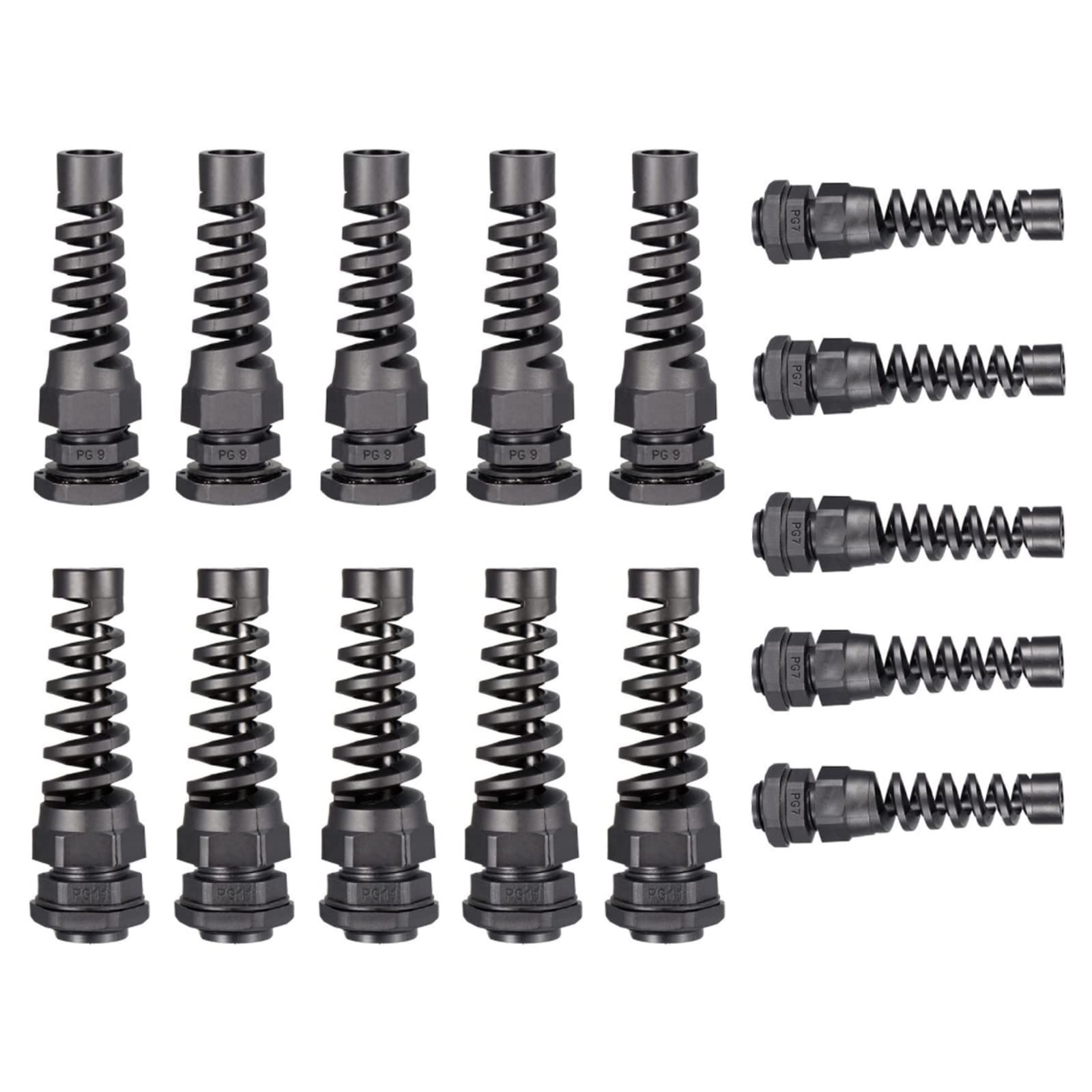 PG7 PG9 PG11 Cable Gland Wire Hole Waterproof Nylon Joint Adjustable Locknut with Strain Relief Black 15Pcs
