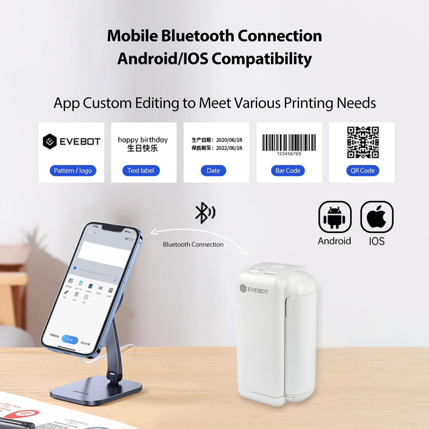 PrintPods Handheld Inkjet Printer for T-Shirts, Cartons, Wood Grain, Portable Mini Printer Custom Logo, Time, Pattern, Word, QR Code, Bluetooth4.2-Black FancyBox 1PCS