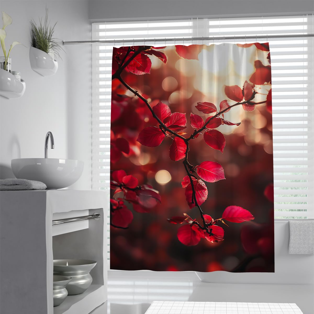 UERWOWELL Boho Fall Shower Curtain Red Leaves with Dreamy Bokeh Light Background Nature Art Bathroom Decor Contemporary Fabric Shower Curtain W150xL180 cm