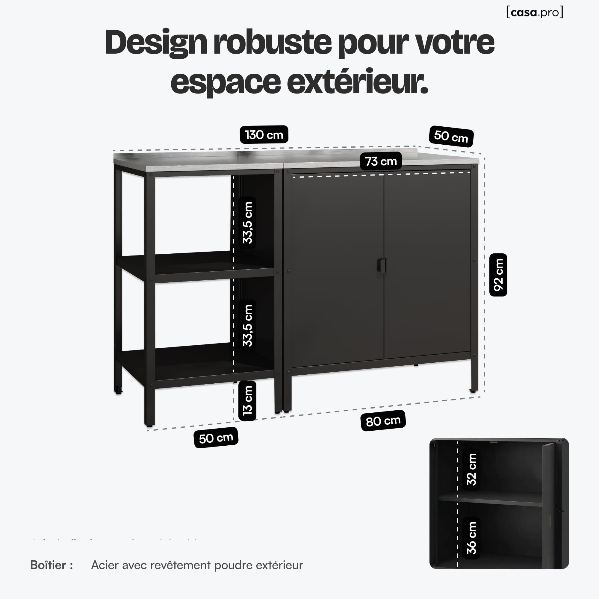 casa.pro Set de Meubles de Jardin Bolognano Étagère d'Extérieur et Armoire de Jardin Rangement pour Terrasse Balcon Garage Atelier Compartiments Ouverts et Fermés Acier Laqué Noir Mat et Argent