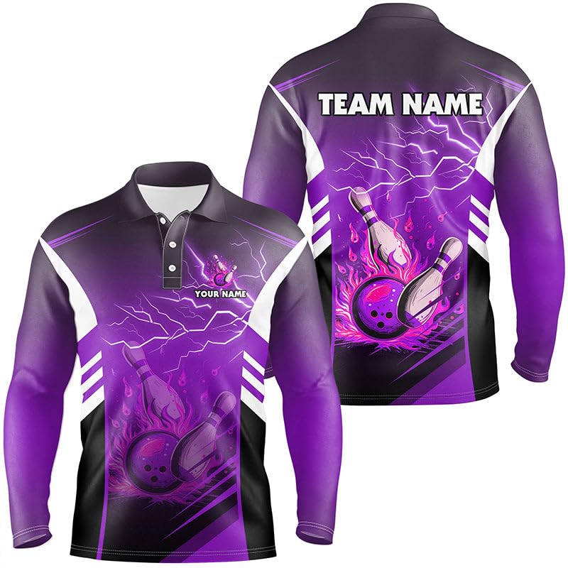 Flammen-Bowlingkugel-Pins, Blitz, individuelles Bowling-Shirt mit Polo & Viertelreißverschluss für Herren & Damen, Bowling-Teamtrikot | Lila N7479