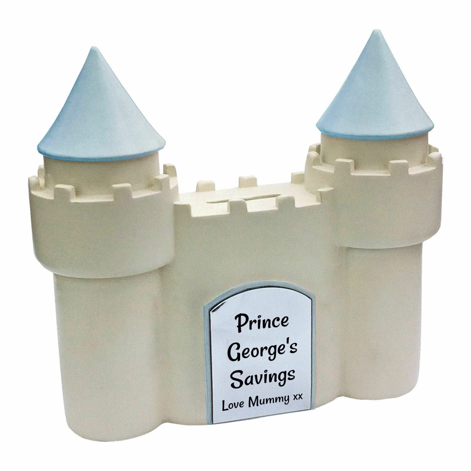 County Engraving Blue,Silver Personalised Castle Money Box Christening Gift - Enter Your Own Custom Text