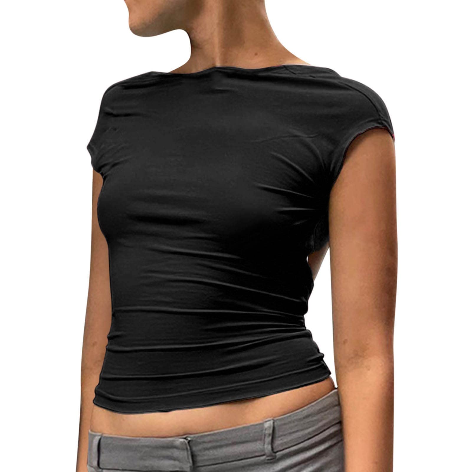 Crop Tops Damen Sexy, Bauchfreies Oberteil Damen Y2K Top Rückenfrei Slim Fit Backless Front Back Reversible Cut Out Basic T Shirt Kurzarm Cropped Oberteile Tank Top für Teenager Mädchen Streetwear