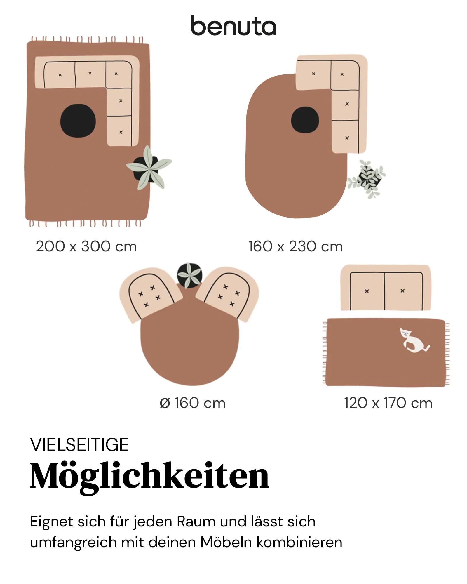 benuta Pure Jute Teppich Jutta - Natur 200x300cm - Weiße Bordüre - Handgewebter Wohnzimmerteppich - Natürliches Boho Design - Für Fußbodenheizung geeignet