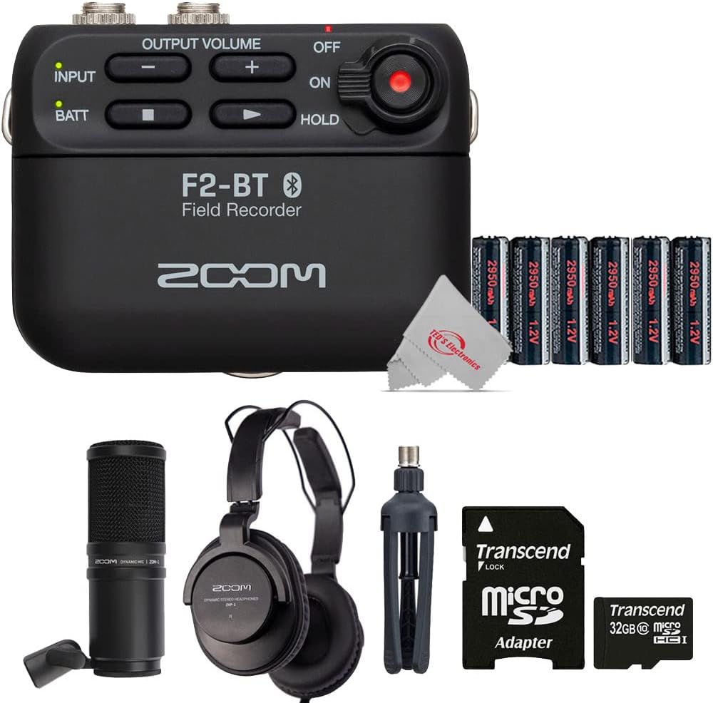 Zoom F2-BT Ultra Compact Bluetooth Enabled Portable Field Recorder with Lavalier Microphone + Accessory Kit