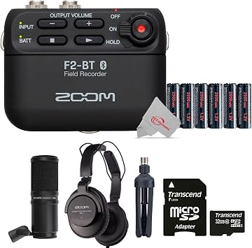 Zoom F2-BT Ultra Compact Bluetooth Enabled Portable Field Recorder with Lavalier Microphone + Accessory Kit