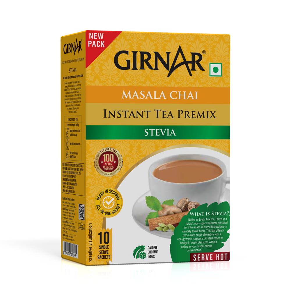 GIRNARMasala Karak Chai 3in1 with Stevia | Instant Tea Premix with Masala | (10 Sachets) 140 grams | Authentic Indian Spiced Tea | Quick & Flavorful Chai