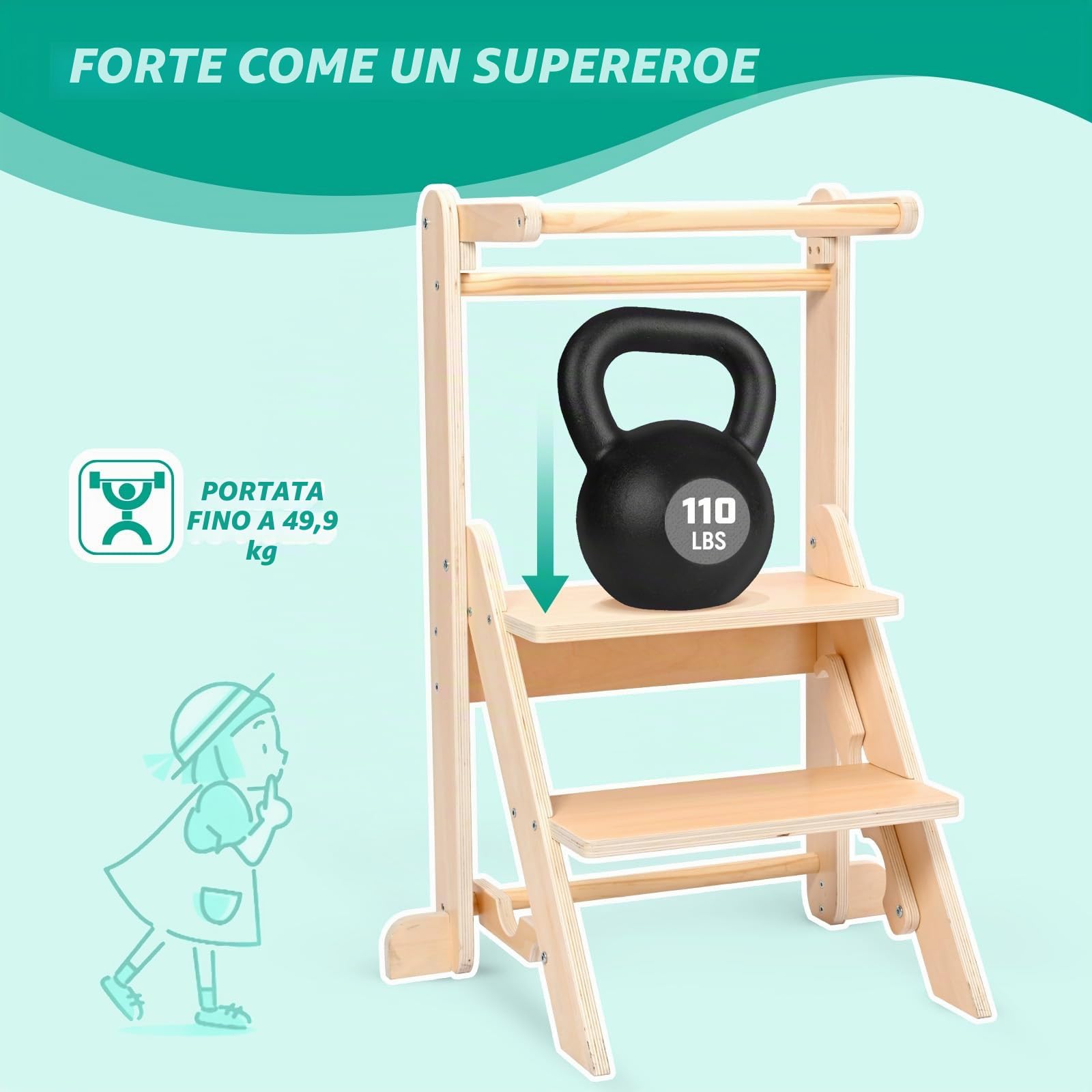 Torre Montessoriana Bambini, Torre di Apprendimento Pieghevole, Torre Montessoriana Regolabile in Altezza (2 Livelli), Capacità di carico 50 kg con Base Antiscivolo per 1-6 Anni (Legno Naturale)