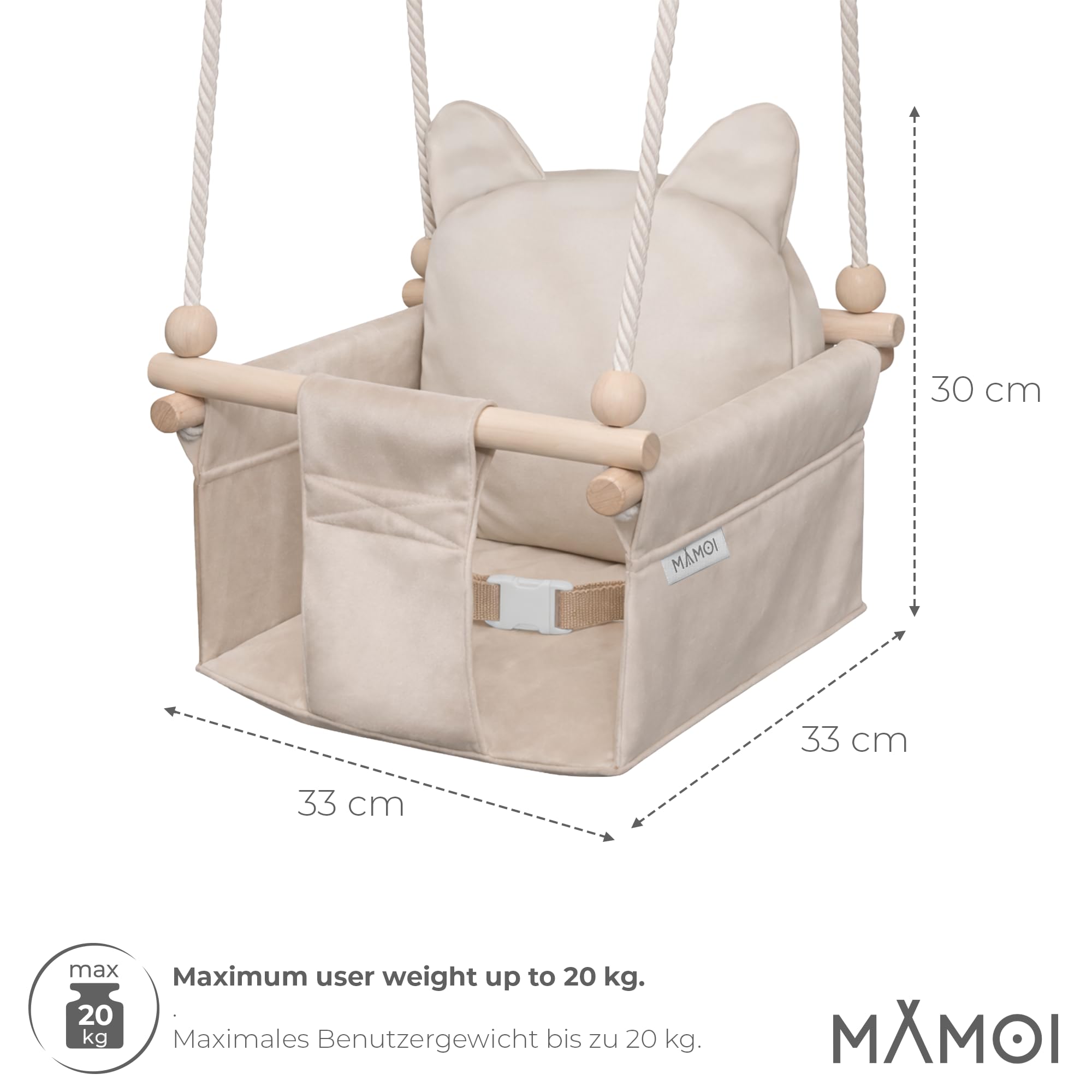 MAMOI Columpio infantil con cinturón de seguridad, altura ajustable 150–190 cm, columpio para casa, construcción estable, asiento de terciopelo, montaje fácil, columpio infantil para interior