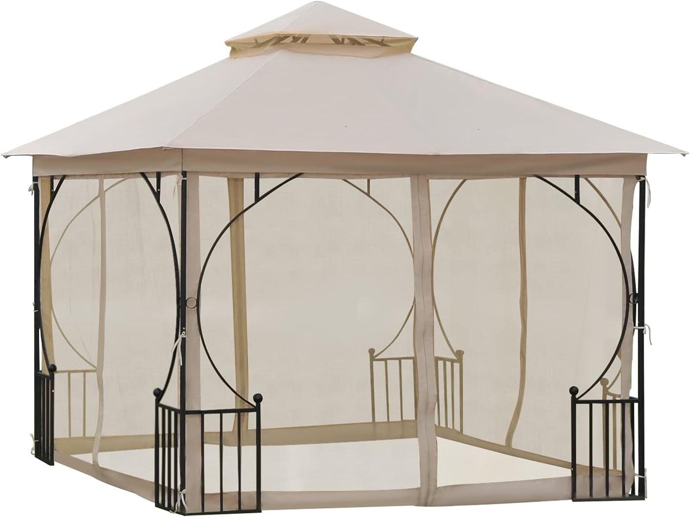 Gazebo Da Giardino 3x3m Outsunny - Con Zanzariera E Tetto In Poliestere Beige - Foto 2