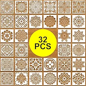32 Pcs 6 x 6 inch Mandala Painting Stencils, Stencils for Painting on Wood, Rangoli Stencils, Art Supplies, Flower Stencils Painting Template for Floor Wall Tile Fabric Wood Stencils DIY Decor