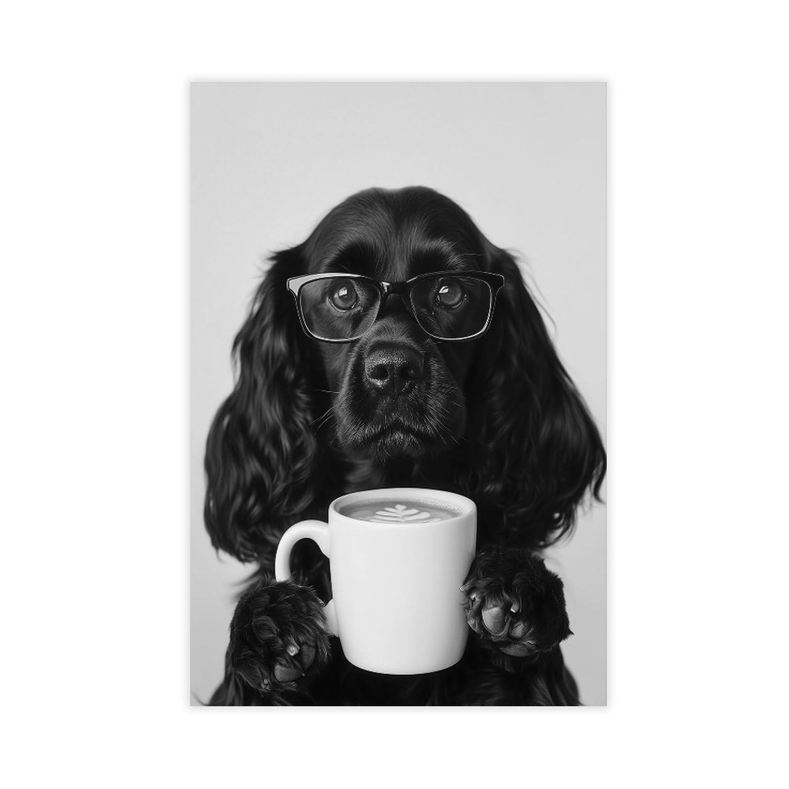 NCUDANK Black Cocker Spaniel Drinking Coffee Canvas Poster Bedroom Decor Landscape Office Room Decor Gift 12x18inch(30x45cm)