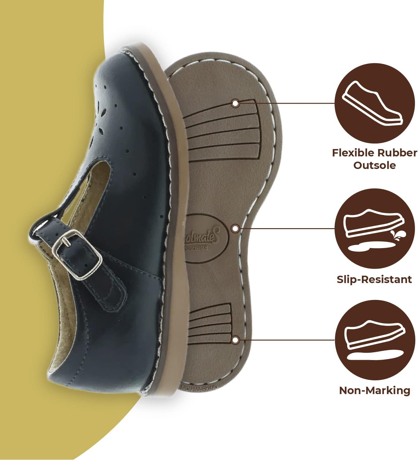 FOOTMATES Sherry Mary Jane Hook and Loop Leather T-Strap Shoes with Wide Toe Box and Custom-Fit Insoles, Non-Marking Outsoles - for Toddlers and Kids, Ages 1-8