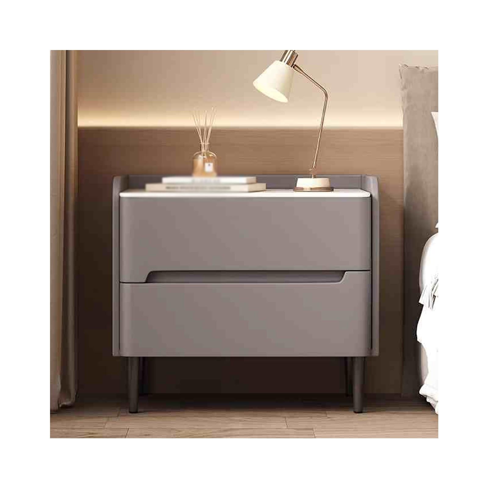 Table de chevet gris clair à double rangement et quincaillerie fluide