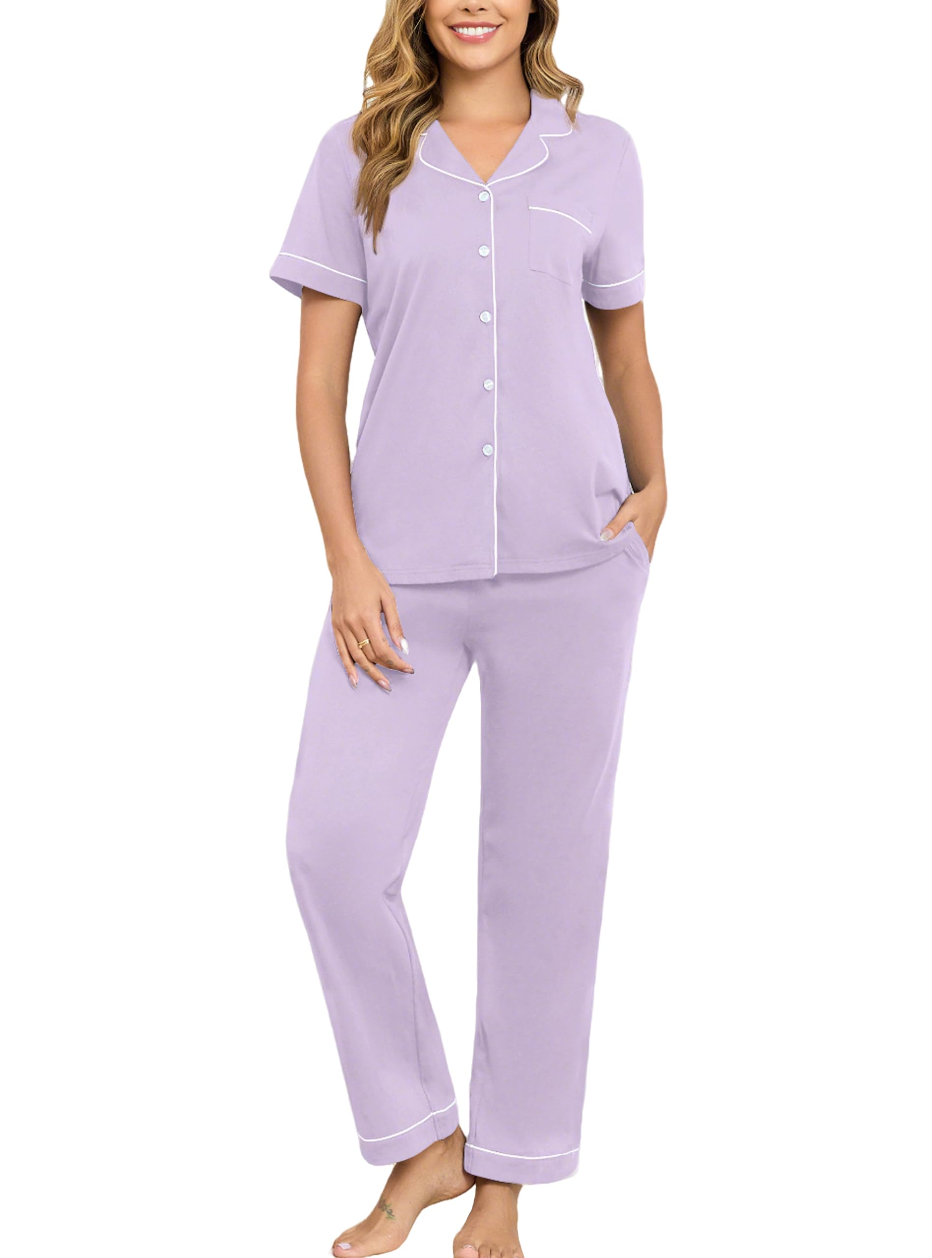 Veseacky 100% Cotton Pajamas for Women Set Short Sleeve Button Down Sleepwear Soft 2 Piece Summer Pjs Lounge Sets S-XXL