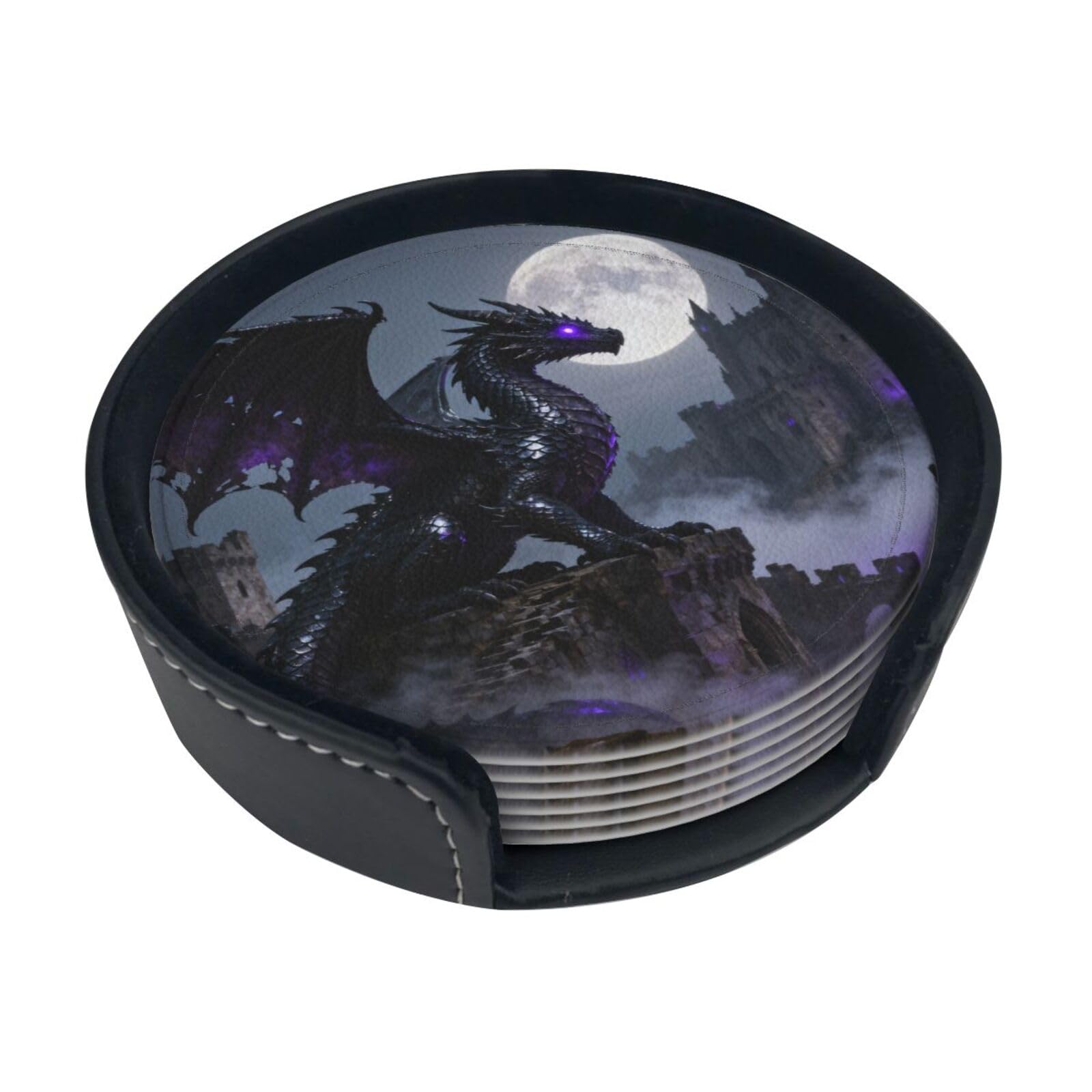 Black dragon pattern Leather Coasters-Set of 6 with Storage Holder
