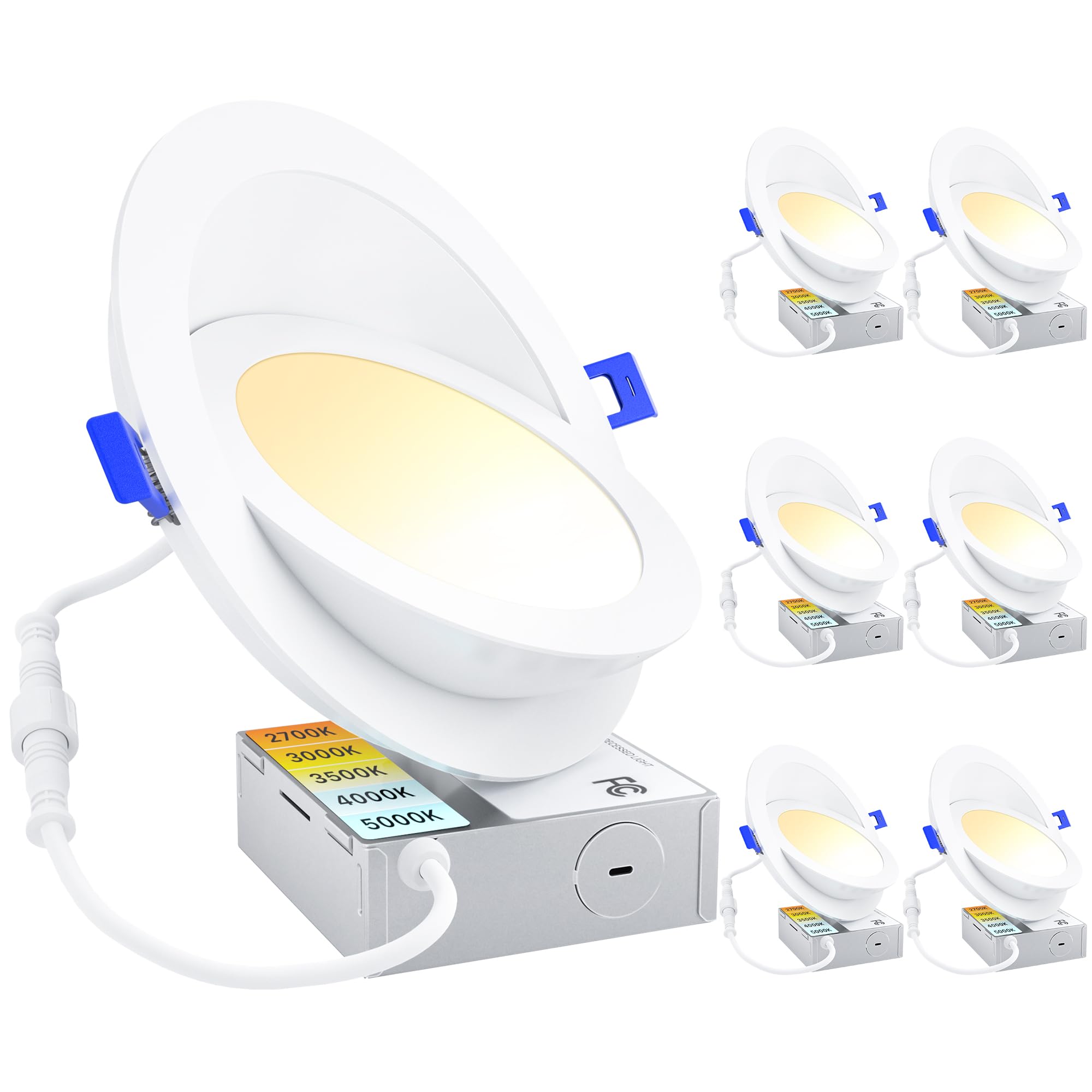 ensenior 6 pack led gimbal recessed lighting 6 inch with junction box, 2700k-5000k selectable 5cct adjustable directional eyeball light, dimmable 360°+90° angled ceiling downlight, 1300lm, 13w-fcc