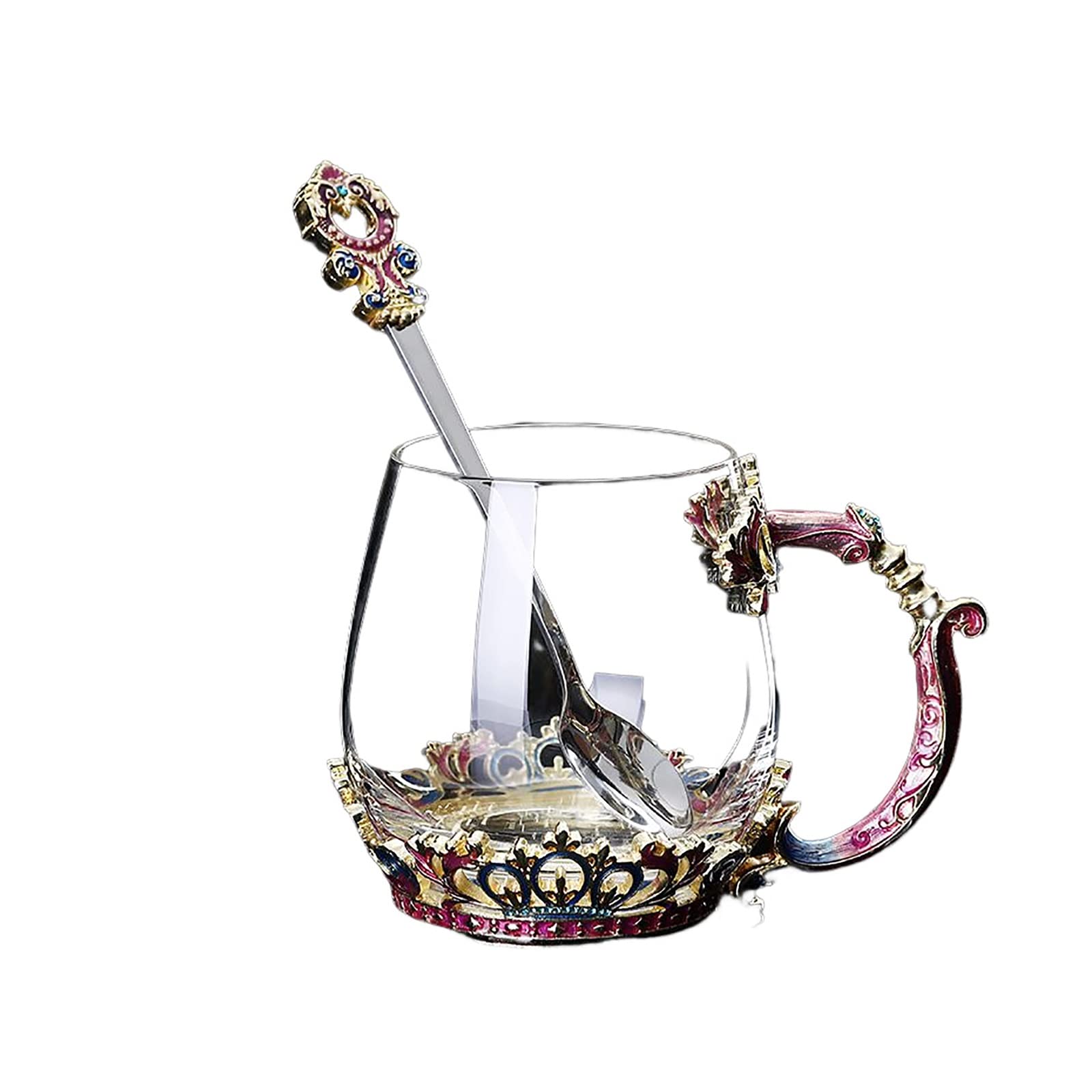WETKOL Emaille Blume Glasbecher mit Löffel, handgefertigt bleifreie Emaille Blume Glasbecher mit exquisiten Blume Griff, für Geburtstag Weihnachten Geschenke Kristallglas Tasse