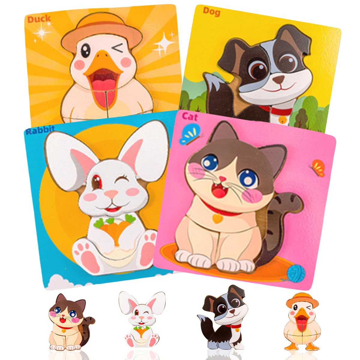 Wooden Jigsaw Puzzle for Toddler 4 Pcs Animal Wooden Jigsaw Puzzles for 1 2 3 Year Olds Early Eduactional Montessori PuzzlesToys Brain Development Preschool Learning Toys for Kids Baby Boys Girls