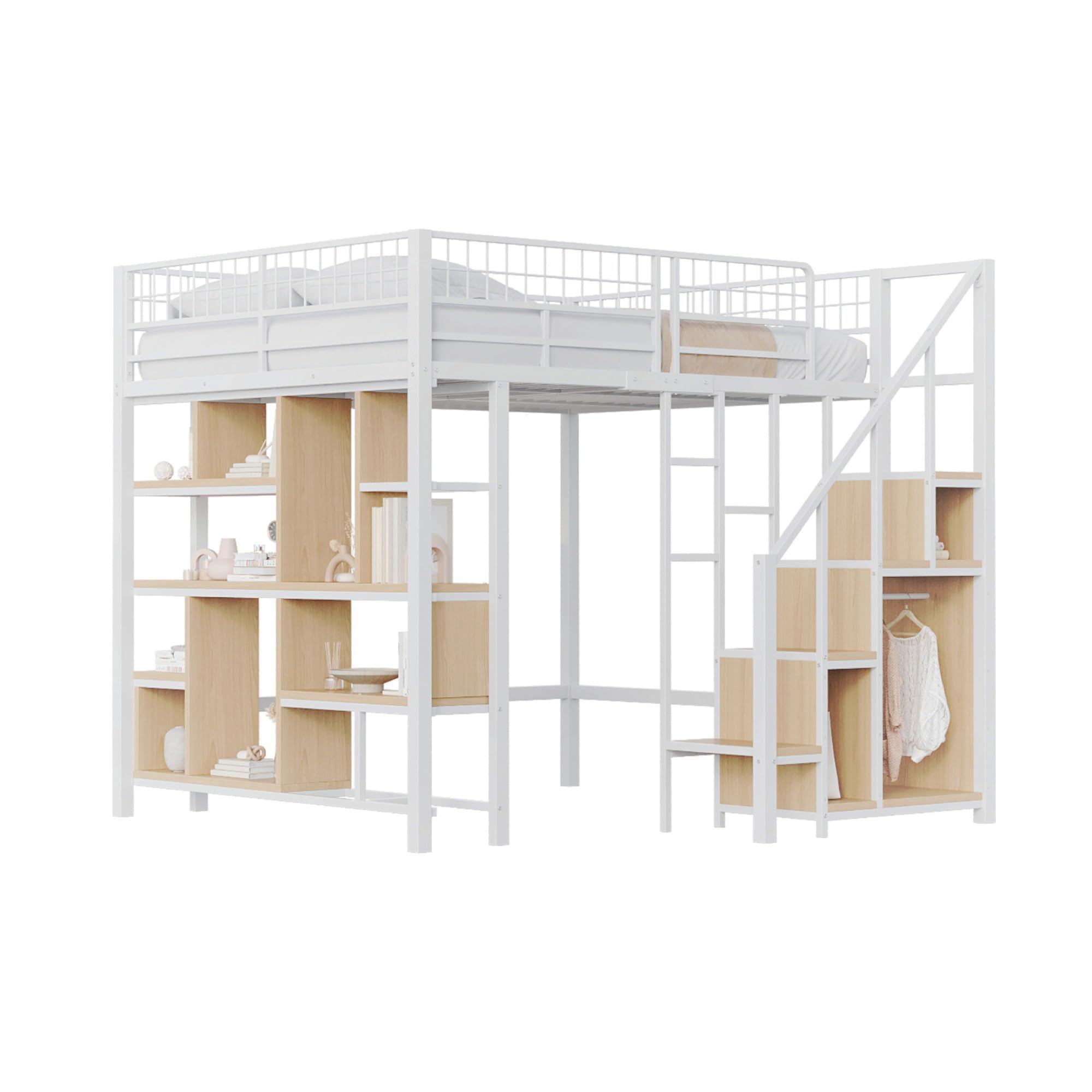 Letto A Soppalco 140x200 Cm Bianco - Con Scala, Armadio E Spazio Sotto - Foto 9